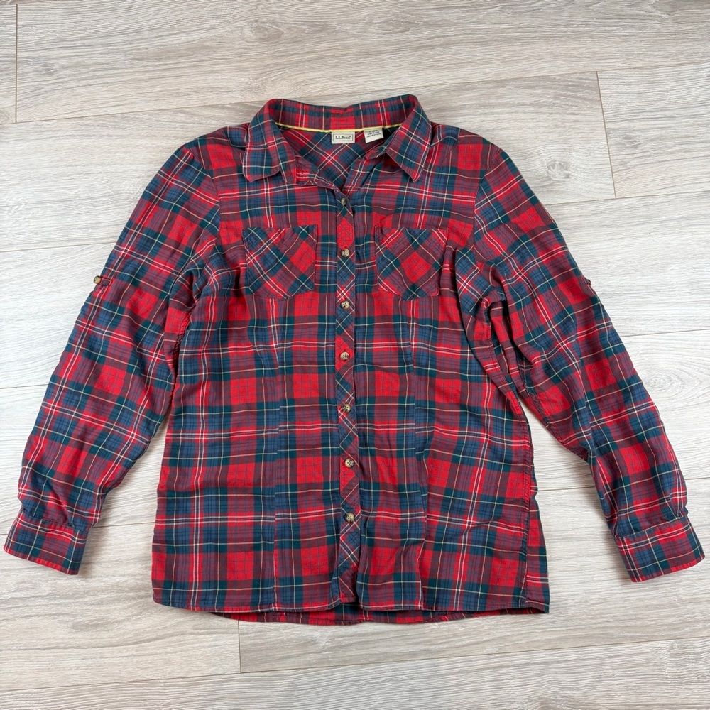 LL Bean Women Red Plaid Button Up Shirt Long Sleeve‎ Roll Tab Cotton M Reg